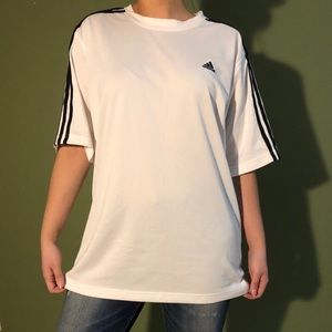 White Adidas top with black logo and stripes